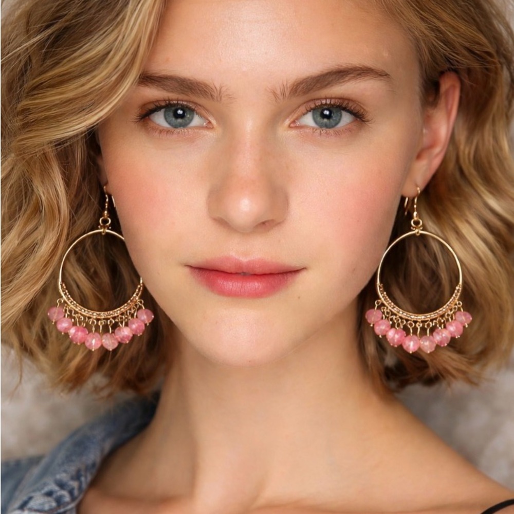 Gold Hoop Earrings with Pink Bead Fringe - Women Jewelry